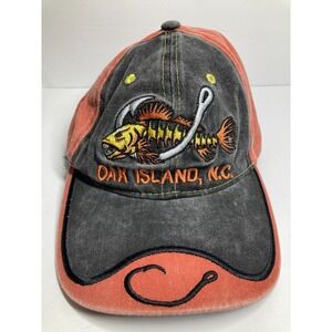 Oak Island NC Cap Orange Brown Adjustable‎ Embroidered  Twill Fish Hook Vacation